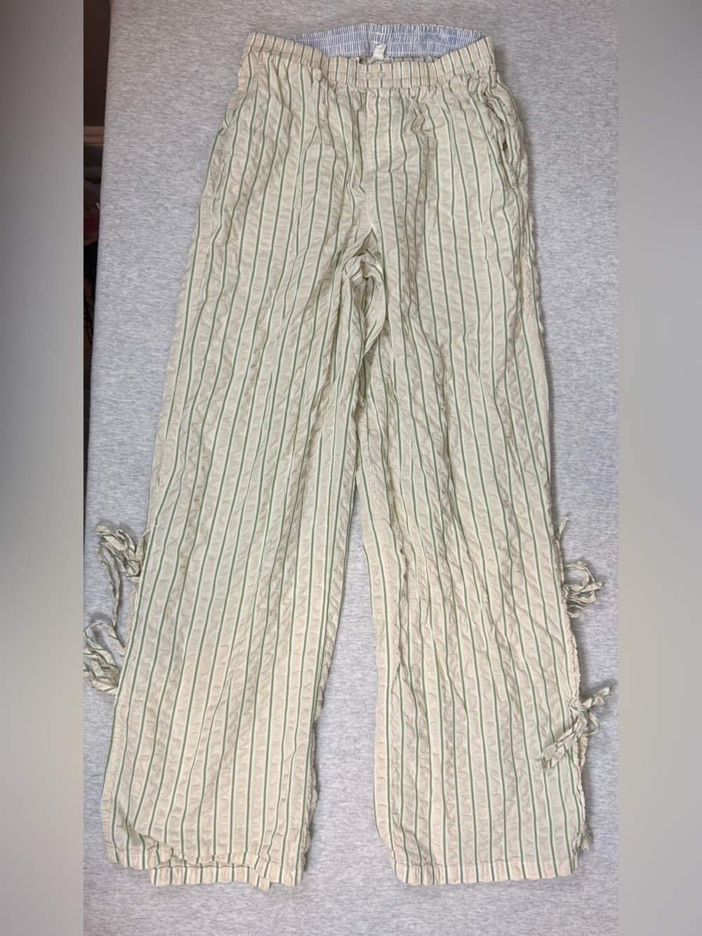 Aerie Soft Landing Ribbed Striped Wide-Leg Bow Pants Cream Sage Green - XS